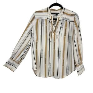 Ann Taylor Chain Print Top Size Small Casual Lace up V Neck Long Sleeve Popover